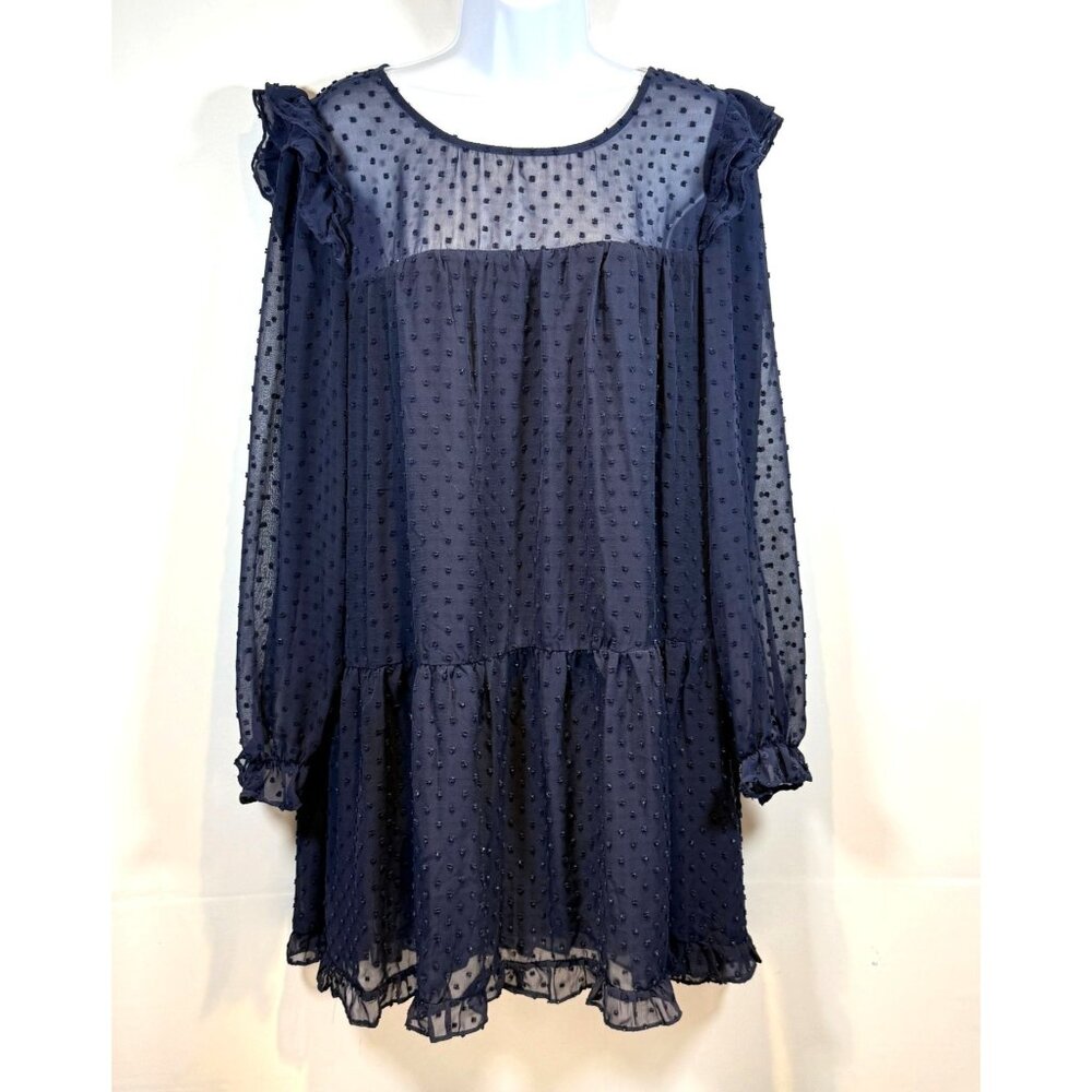 Sheer‎ Navy Blue Dotted Tier Ruffle Dress Long Sleeves Size L Romantic Whimsy